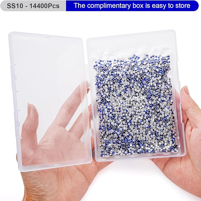 MEIBITE Flatback Rhinestones Bulk, 14400PCS Sapphire Rhinestones for Clothes DIY Decoration Crafts, Sapphire, SS10, 2.7-2.9mm
