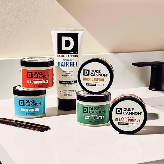 Duke Cannon Supply Co. Flexible Fiber Pomade – 4.6 oz – Strong Hold, No Shine, Water-Based for Easy Washout, Adds Texture & Volume for Shorter Hairstyles