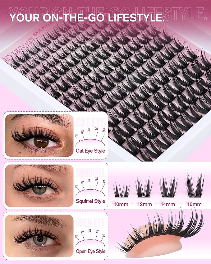 EYDEVRO Manga Lash Clusters Kit Fairy Eyelash Clusters Kit Wet Look Anime Cluster Eyelash Extensions Kit 10-16mm Natural Wispy DIY Lash Extension Kit Waterproof Lash Bond and Seal Tweezers Brush