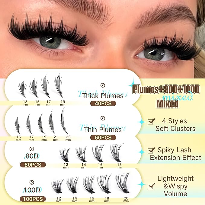 TOOCHUNAG Anime Spikes Lash Clusters 80D+100D Spiky Cluster Eyelash Extensions Volume Eyelash Clusters for DIY Plume Flake Lashes Extension 4 Styles Long Wispy individual Lashes (280pcs-12-23mm)
