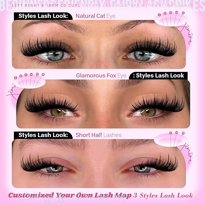 JIMIRE Lash Clusters Wispy Eyelash Clusters Cat Eye Lash Clusters with Spikes 8-18MM Volume Fluffy Cluster Eyelash Extensions with Bottom Lashes Clusters Extension Easy to Apply 144Pcs Pack