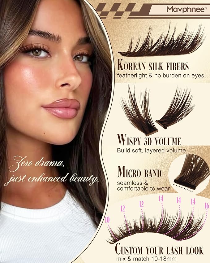 Brown Lash Clusters Wispy Fluffy Eyelash Clusters Volume Individual Lashes Natural Cluster Eyelash Extensions Volume Dark Brown Cluster Lashes Extensions 240Pcs DIY Lash Pack (10-18MM, CC-Curly)