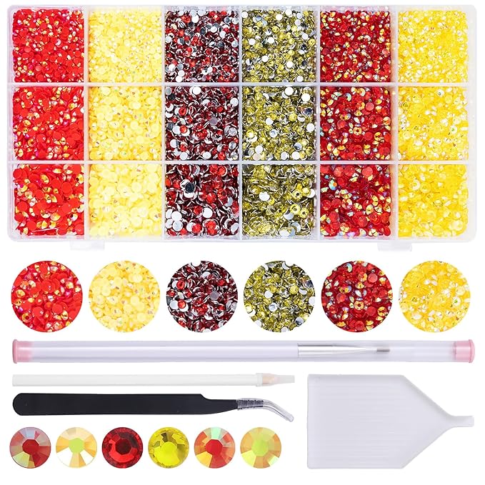 22300Pcs Red and Yellow Resin Flatback Rhinestones Tumbler Non-hotfix Round Gems for Nails Crafts Clothes Shoes Decoration(3mm,4mm,5mm)