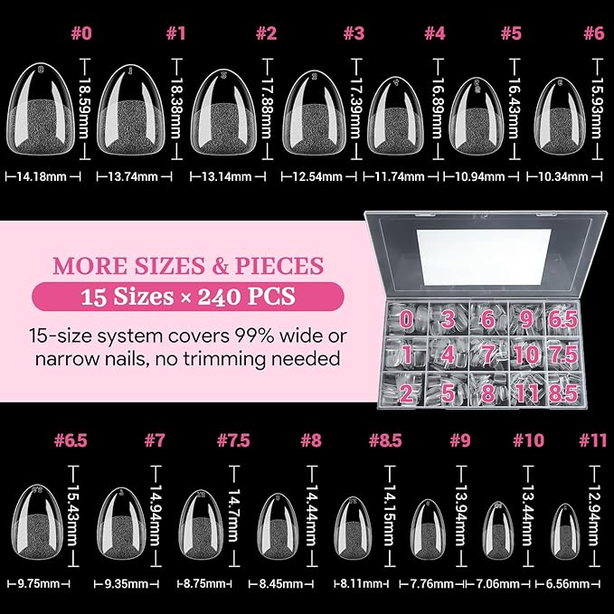 Qiek Extra Short Almond Fake Nail Tips, 15 Sizes 240 PCS Clear Half Matte Press On False Nail Tips Pre-shaped Full Cover Gel Nail Acrylic Soft Tip Extensions Thick Long Lasting for Home DIY Nail Salon