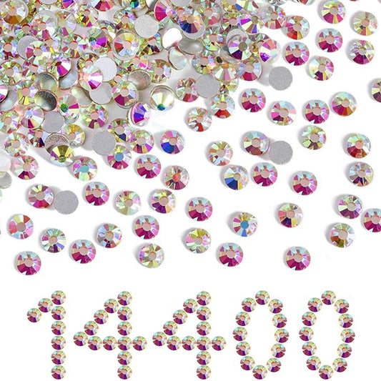 Beadsland Flatback Rhinestones Bulk,14400pcs AB Crystal Rhinestones for Nails Crafts Clothes DIY Decoration, Crystal AB, SS6, 1.9-2.1mm