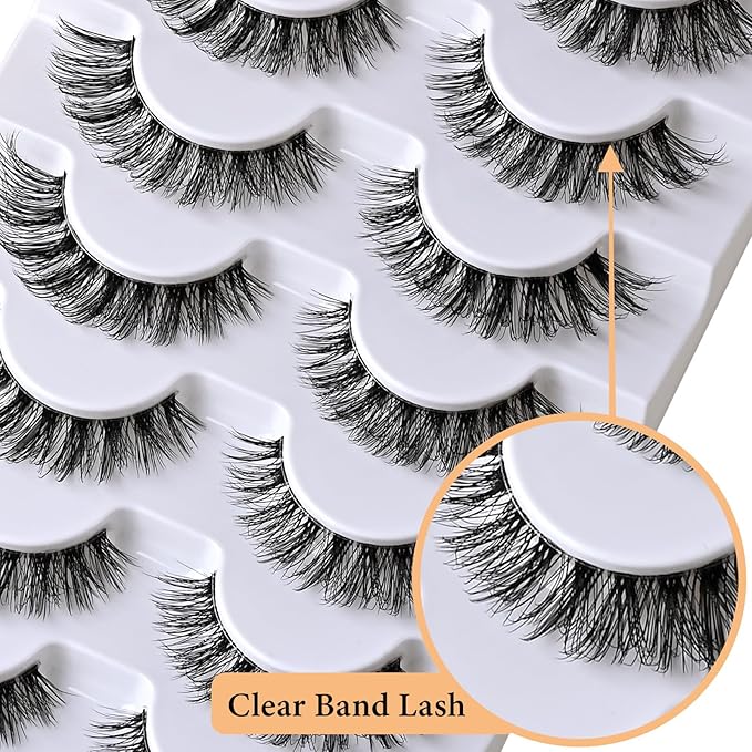 Lashes Wispy False Eyelashes Natural Cat Eye Strip Lash Fluffy Fake Lashes Strips Clear Band Mink Eyelash Natural Look Cateye Demi Wispies Eye Lashes Pack 7 Pairs Short Full Pestañas Set
