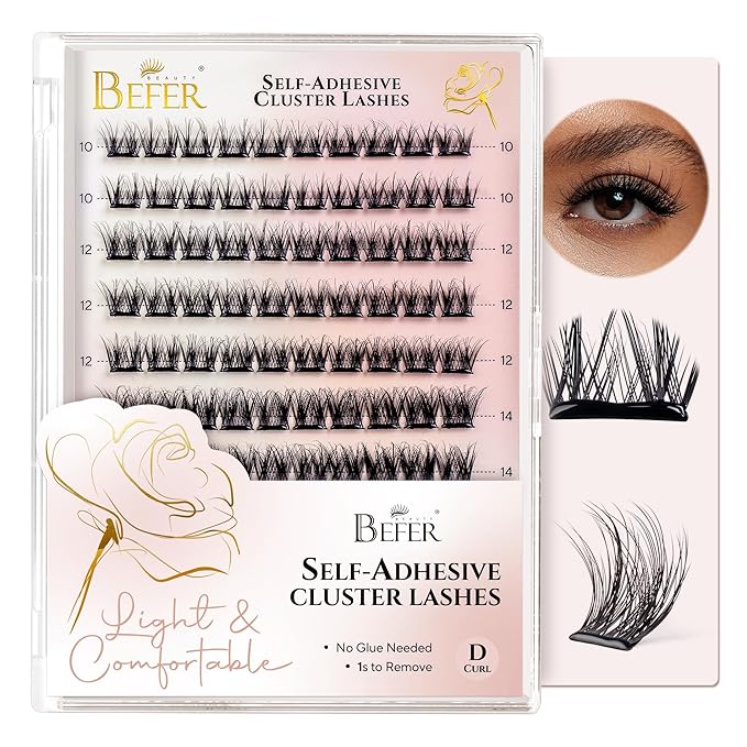 BEFER Self Adhesive Eyelashes Clusters, D Curl 10-16MM Pre Glued Lash Natural Look No Glue No Remover Needed Reusable Lashes Press on Eyelash Clusters Easy for Use DIY at Home(ZE02,Vigor)