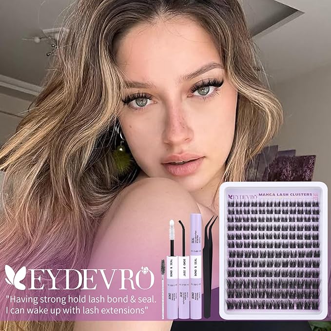 EYDEVRO Manga Lash Clusters Kit Wispy Natural Cluster Eyelash Extensions 10-16mm Fairy Eyelash Clusters Kit Lash Extension Kit Soft Thin Band Individual Lashes Lash Bond and Seal Lash Tweezers Brushes