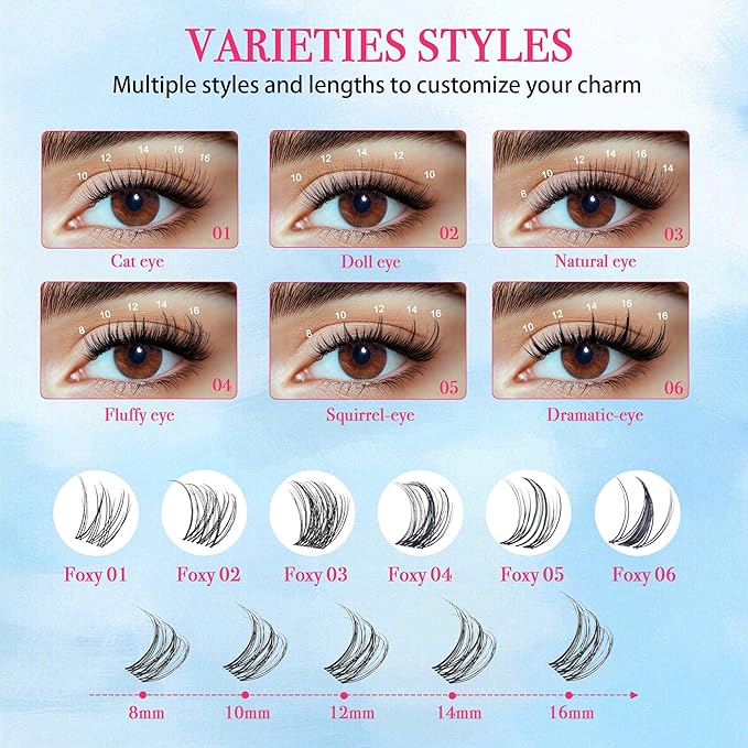 Lash Clusters Kit Manga Lash Clusters D Curl Lashes Clusters Anime Lashes Ultra-Thin Invisible Band 0.05mm Eyelash Extension Kit DIY at Home