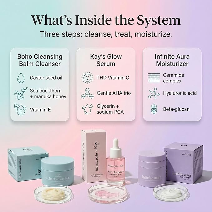 Kay’s Glow Serum + Infinite Aura Moisturizer + Boho Cleansing Balm – Oxygen-Infused THDA Vitamin C with Gentle AHA for Face and neck | Hydrates, Soothes and Brightens Bundle
