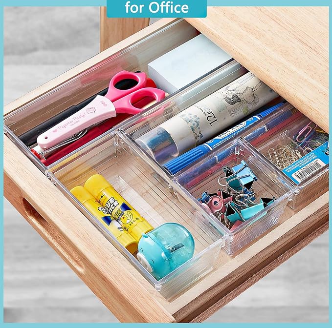 DCA 12 PCS Clear Plastic Drawer Organizer Set, 4 Sizes Makeup organizer, Vanity Organizer for Makeup, Stationery,Gadgets,Kitchen,Bathroom,Office,Bedroom