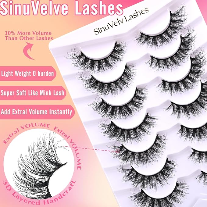SinuVelve Extra Fluff Lashes 5D False Eyelashes 6-14mm Wispy Lashes Reusable 15 Times 7 Pairs Lash Pack With Flexible Band D Curlve Lash Strips Multi-Layered Eyelash