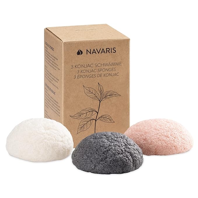 Navaris Konjac Sponges - Set of 3 - Facial & Body Natural Konjac Sponge Puffs - Exfoliating & Cleansing Sponges for Bath & Shower - Pink, Black, White