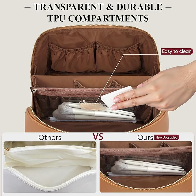 Travel Makeup Bag, Large Capacity Cosmetic Bags for Women, Waterproof Portable Pouch Open Flat Make up Organizer Bag with Dividers and Handle, Toiletry Bag for Essentials