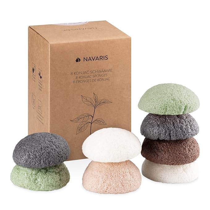Navaris Konjac Sponges - Set of 8 - Facial & Body Natural Konjac Sponge Puffs - Exfoliating & Cleansing Face & Skin Sponges for Bath & Shower - 8-Pack