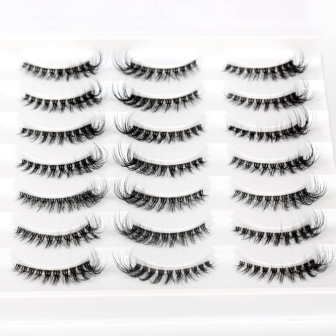 Pooplunch False Eyelashes Wispy Cat Eye Look Natural Volume Clear Band Foxy Short Accent Lashes Faux Mink Fake Lashes Strips 14 Pairs Pack