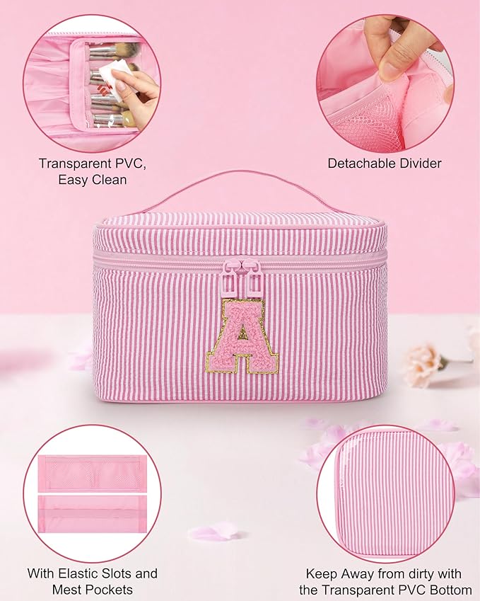 MONSTINA Personalized Initial Makeup Bag for Women,Make Up Case for Girlfriend Bridesmaid Wife,Birthday Gift for Her Cute Toiletry Bag,Period Bag Sanitary Napkin Storage Bag|Tampon Pouch,Pink Y