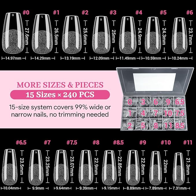 Qiek Medium Coffin Fake Nail Tips, 15 Sizes 240 PCS Clear Half Matte Press On False Nail Tips Pre-shaped Half Soft Cover Gel Nail Tips Extensions Thick Long Lasting for DIY Beginners & Salon Manicure