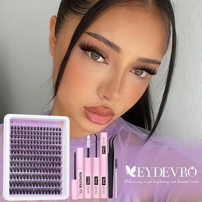 EYDEVRO Wispy Lash Clusters Kit Natural Eyelash Clusters kit DIY Lash Extension Kit 9-18mm CD Curl Cluster Eyelash Extensions with Waterproof Lash Bond and Seal, Lash Remover, Tweezers, Brush