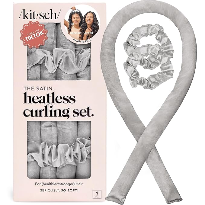 Kitsch Satin Heatless Curling Set – Heatless Curls Overnight with 34" Hair Curler & 2 Satin Scrunchies – Comfortable Hair Curlers to Sleep In for Frizz-Free, No Heat Damage Styling - Silver