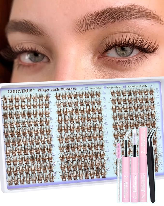 Goddvenus Wispy Lash Clusters Kit Mascara-like Brown Eyelash Clusters Natural Cluster Eyelash Extensions Kit 10-16mm False Eyelashes Individual Lashes C Curl Lash Extension Kit For DIY