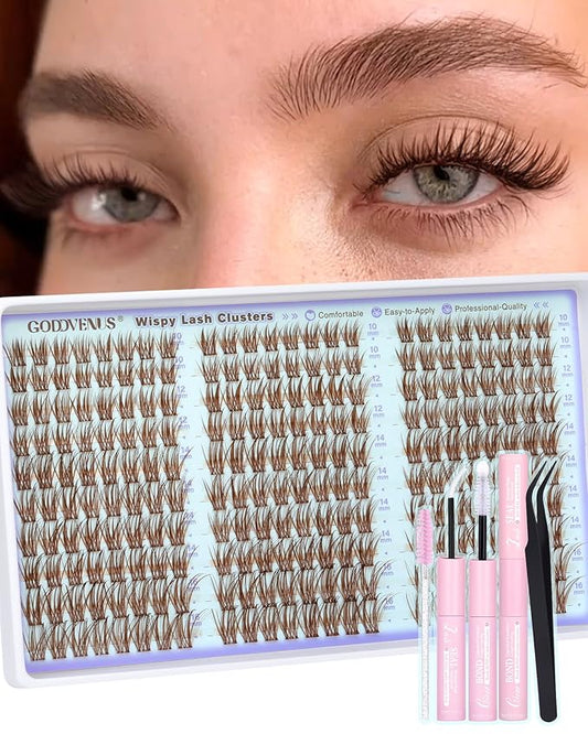 Goddvenus Wispy Lash Clusters Kit Mascara-like Brown Eyelash Clusters Natural Cluster Eyelash Extensions Kit 10-16mm False Eyelashes Individual Lashes C Curl Lash Extension Kit For DIY