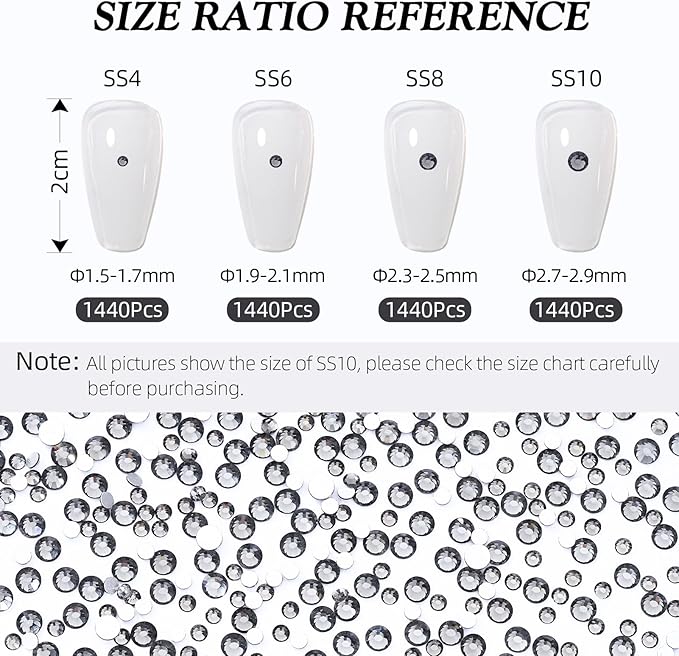 Meibite Gray Flatback Rhinestones, Glass Rhinestones for Nail Art and Craft, Glue Fix, Loose Crystal Gemstones(Gray, SS10, 1440pcs, 2.7-2.8mm)