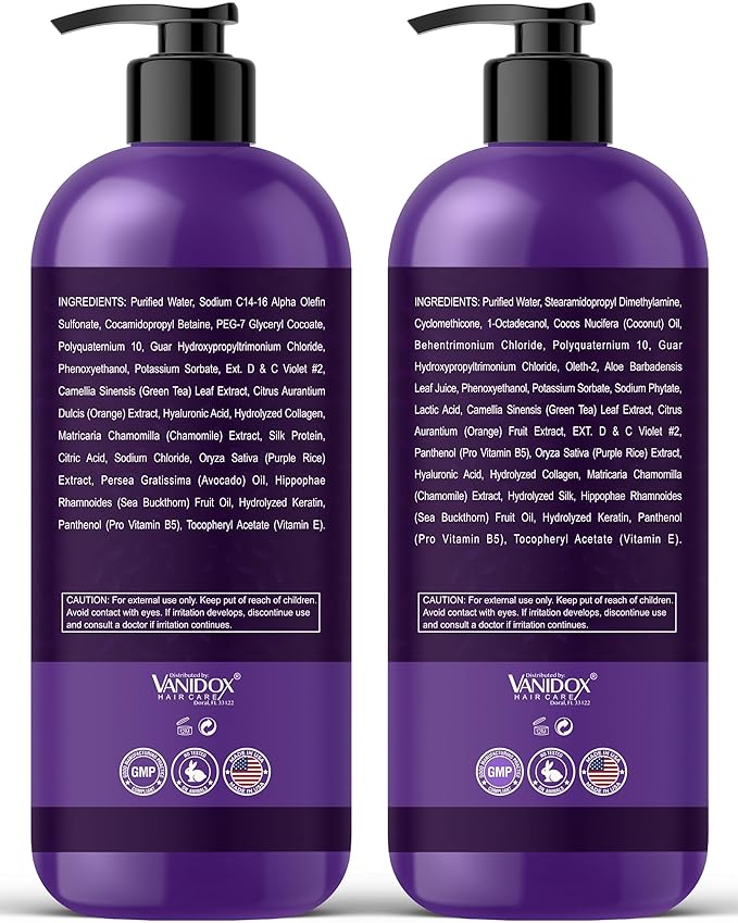 VANIDOX Sulfate Free Brass Toning Purple Shampoo and Conditioner Set for Grey and Silver Hair, Moisturizing & Color-Safe, Enhances Shine & Brightness, Made in USA (16 fl oz each)