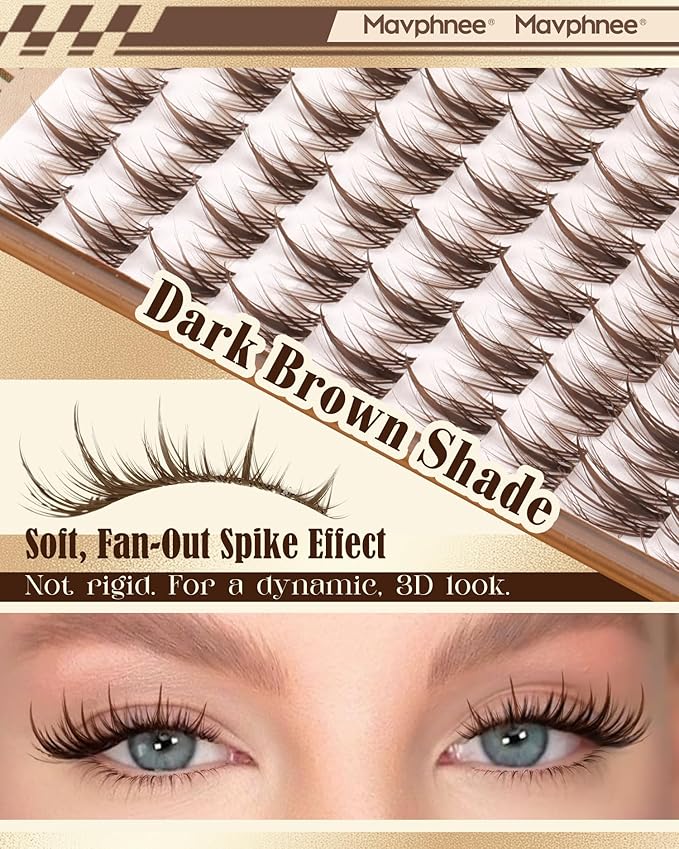 Fairy Lash Clusters Brown Eyelash Clusters Clear Band Individual Lashes Natural Cluster Eyelash Extensions Spiky Cluster Lashes Fan-Out Dark Brown Wispy Lashes Extensions (CC-Curly, 144PCS, 10-16MM)