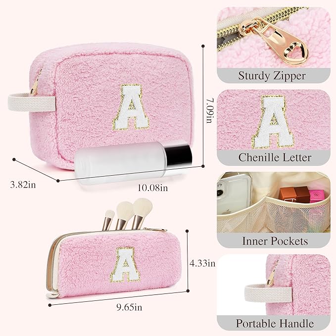 2PCS Makeup Bag with Initials, Valentines Day Gifts for Teen Girls Trendy Stuff, Personalized Cosmetic Travel Bag Pouch for Granddaughter, Cute Plush Make up Bags for Birthday - Pink A