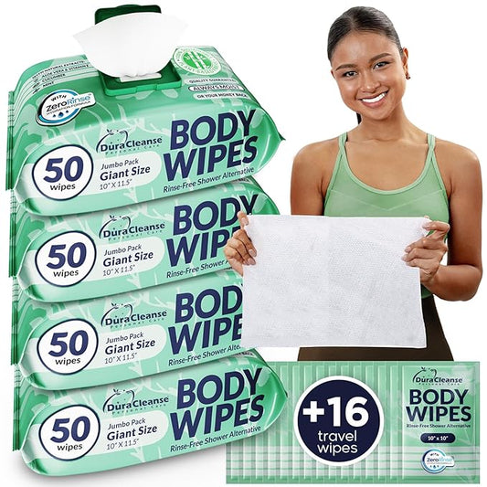 Body Wipes for Women – Sensitive Skin (Gentle Clean) – 4 Pack (200 XL Wipes + 16 Travel Wipes), Extra Moist No Rinse Bathing Wipes, Rinse-Free Shower Alternative for Travel, Gym & Daily Hygiene