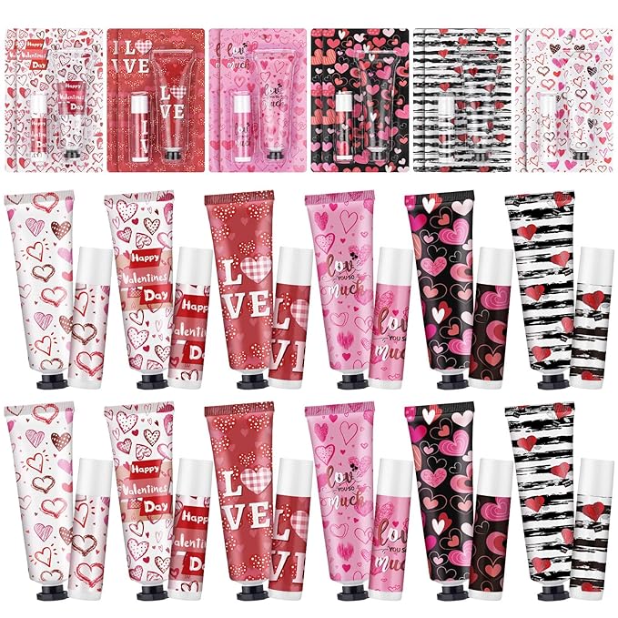 Loopeer 12 Sets Valentine's Day Hand Cream Lip Balm Bulk Gifts Galentine's Day Gift Valentine Party Favor Love Heart Mini Travel Size Moisturizing Hand Lotion for Women Coworker Teacher Nurse, 30 ml