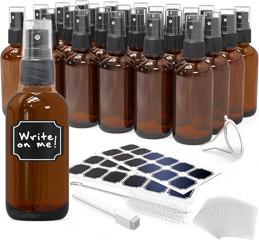 Nevlers 4 Oz Amber Spray Bottles 24 Pack | Amber Glass Bottle Sprayer Set w/Shrink Wrap, Funnel, Brush, Labels & Marker | Mist Bottle For Use as Travel Liquid Bottles for Fragrances, Essential Oils