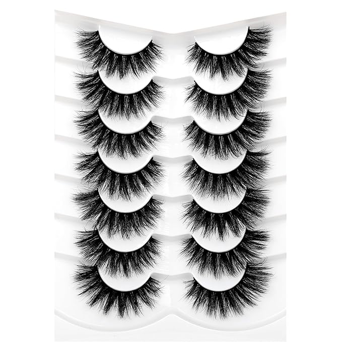 Pooplunch False Eyelash Volume Cat Eye Lashes D Curly Fluffy Lashes Wispy 8D Natural Soft Faux Mink Fake Eyelash Strips 7 Pairs Pack