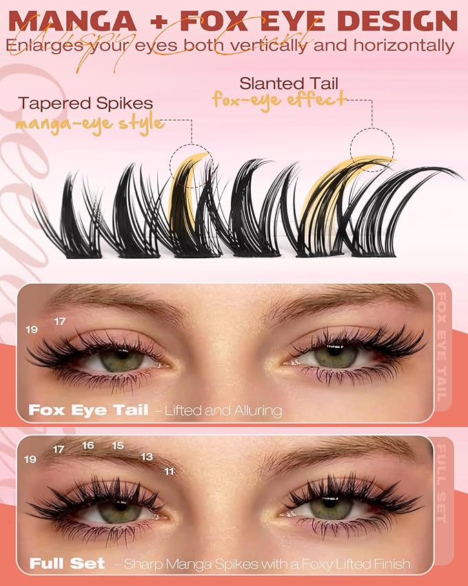 Geeneiya Manga Lash Clusters Kit, 11-19mm Fox Eye Lash Extension Kit, C Curl Left & Right Cat Eye Lashes, DIY Cluster Eyelash Extension Kit with Lash Bond and Seal Lash Tweezers for Beginners