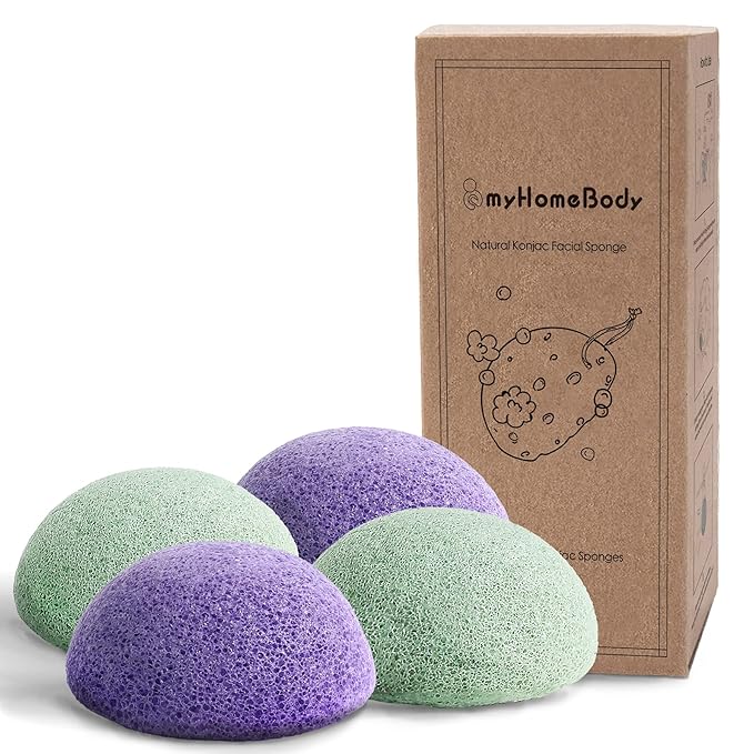myHomeBody Natural Konjac Facial Sponges - for Gentle Face Cleansing and Exfoliation - with Lavender Purple and Aloe Vera, Set of 4