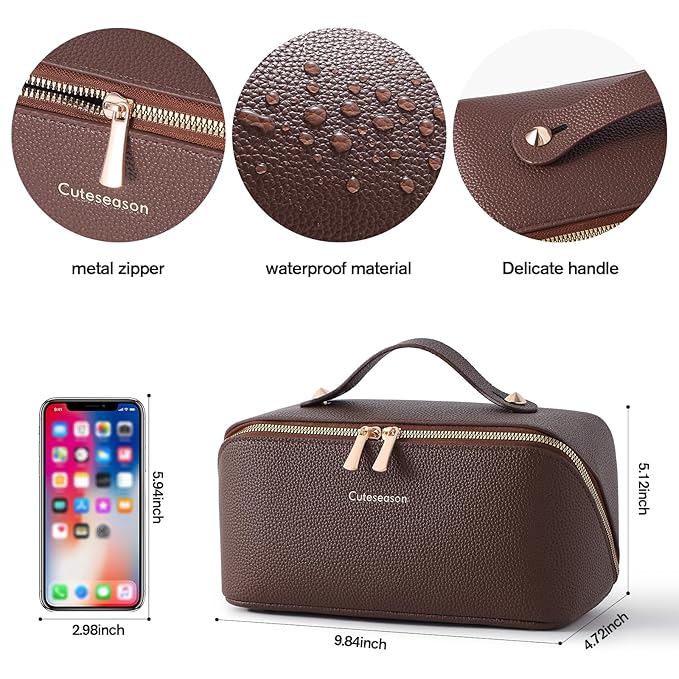 Makeup Bag, Travel Toiletry Bag for Women, Large Capacity Waterproof Plain Pattern PU Leather Cosmetic Bags Make Up Organizer Bags with Headband and Wristband Set (Pink)