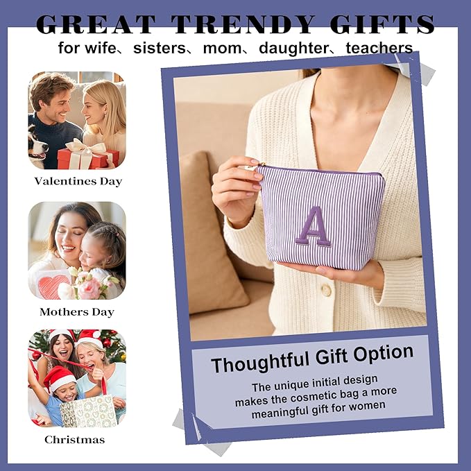 Christmas Gifts for Women - Christmas Stocking Stuffers, Personalized Small Makeup Bag for Purse Travel Makeup Bag Set, Initial Make up Bag Pouch,Birthday Gifts for Women, Purple Letter H