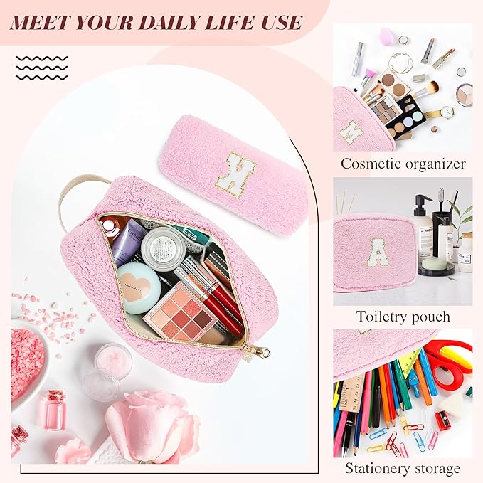 2PCS Makeup Bag with Initials, Valentines Day Gifts for Teen Girls Trendy Stuff, Personalized Cosmetic Travel Bag Pouch for Granddaughter, Cute Plush Make up Bags for Birthday - Pink S