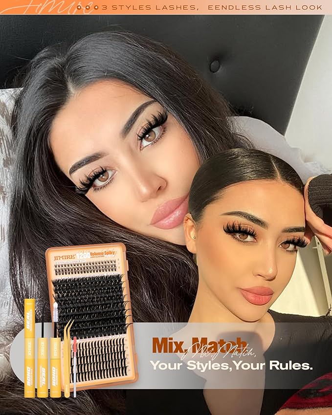 JIMIRE Lash Clusters Kit Volume Lash Extension Kit 296Pcs 120D Cluster Eyelash Extensions with Bottom Lashes and Spikes D Curl Eyelash Extension Kit with Lash Bond and Seal