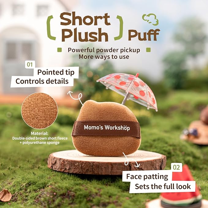 3-Pack Short Velour Powder Puffs with 85° Pointed Tip, for Precise Highlighting & All-Over Powder Setting, Dual-Sided Brown Puff for Cake Powder, Compact Foundation & Blush & Storage Case