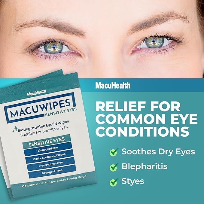 MacuHealth MacuWipes Sensitive - Pre-Moistened Eyelid Wipes for Dry, Sore & Gritty Eyes, Alcohol-Free, Rinse-Free Formula with Tea Tree Oil & Micellar Water, Individually Wrapped - 20 Count