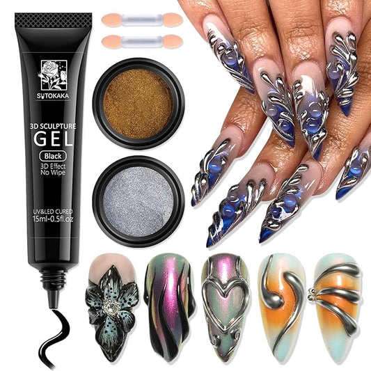 SUTOKAKA 3D Gel Nail Art & Chrome Nail Powder Kit, 15g Black Sculpting Gel No Wipe Molding Gels with Gold Silver Metallic Mirror Effect Chrome Powder Manicure Decoration DIY Salon Home Use