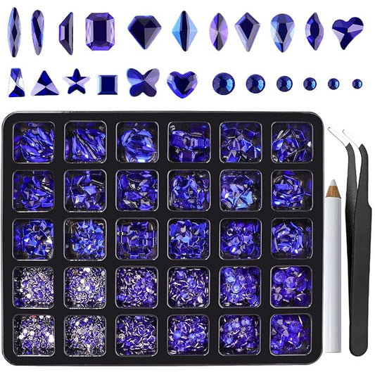 Canvalite 2900Pcs Blue Rhinestones for Nails, 18 Styles Multi Shape Nail Charms and Gems Shiny Glass Crystal Flatback Nail Rhinestones Set for Nail Art with Rhinestone Picker and Tweezers