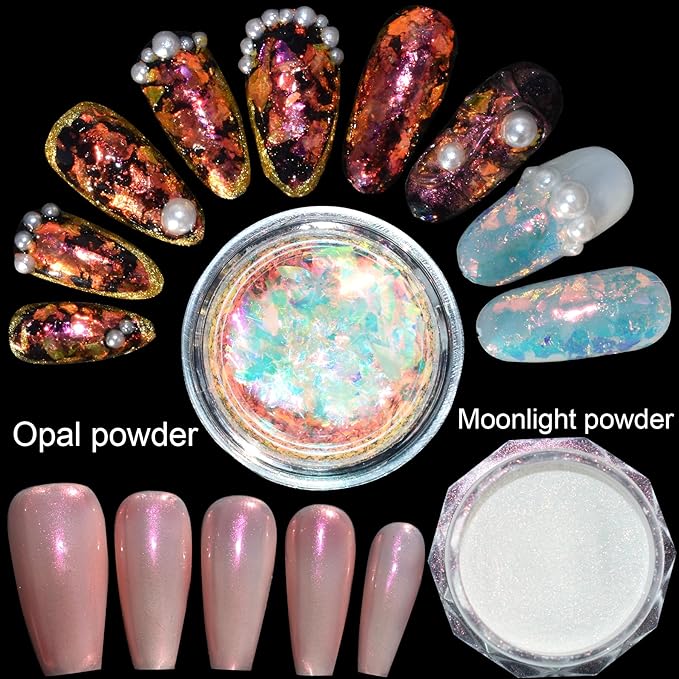 2-Pack Chunky Opal Nail Powder Set - Shimmery Moonlight Nail Art Glitter Powder, Iridescent Chrome Effect,Holographic Iridescent Glitter for 3D Effect Shimmer Pigment Nails Decorations for Nails Art