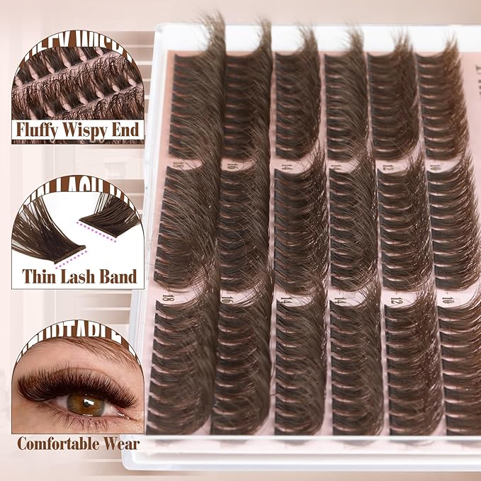 Yawamica Brown Fluffy Lash Clusters 100D Volume Wispy Eyelash Clusters 10-18mm D Curl Eyelash Extensions Individual Lashes Dark Brown Cluster Lashes DIY Brown Lash Extension by Self