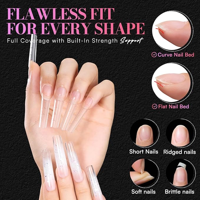 Makartt Half Cover Square Nail Tips: No C Curve Clear Acrylic XXL Extra Long Pre-shaped, Full Matte, 240 PCS, 12 Sizes, Fake Nails for Extensions Manicure Salon Home DIY