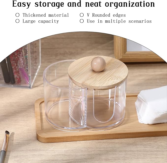 Quilax Cotton Round Holder, Dual Compartment Qtip Dispenser with Removable Dustproof Lid, Clear Plastic Cotton Pad Holder, Countertop Cottons Ball Holders Storage Container
