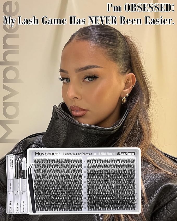 Flaunt Lash Clusters Kit Wispy Cluster Eyelash Extensions 8-18MM Volume Individual Lashes CD Curve Wet Look Eyelash Clusters with Lash Bond and Seal Kit by Mavphnee