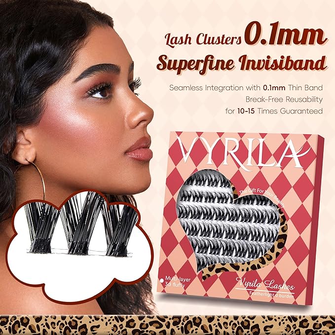 VYRILA Lash Clusters 0.05mm PBT Fiber Eyelash Clusters, 0.1mm Superfine Invisiband D Curl Diy Lash Extension, 72pcs 8-16mm Individual Lashes Clusters Like Eyelash Extensions (Exotic-D-8-16Mix)